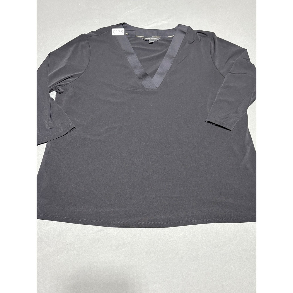 Banana Republic Black V-Neck Blouse 3/4 Sleeve Satin Trim Top XL